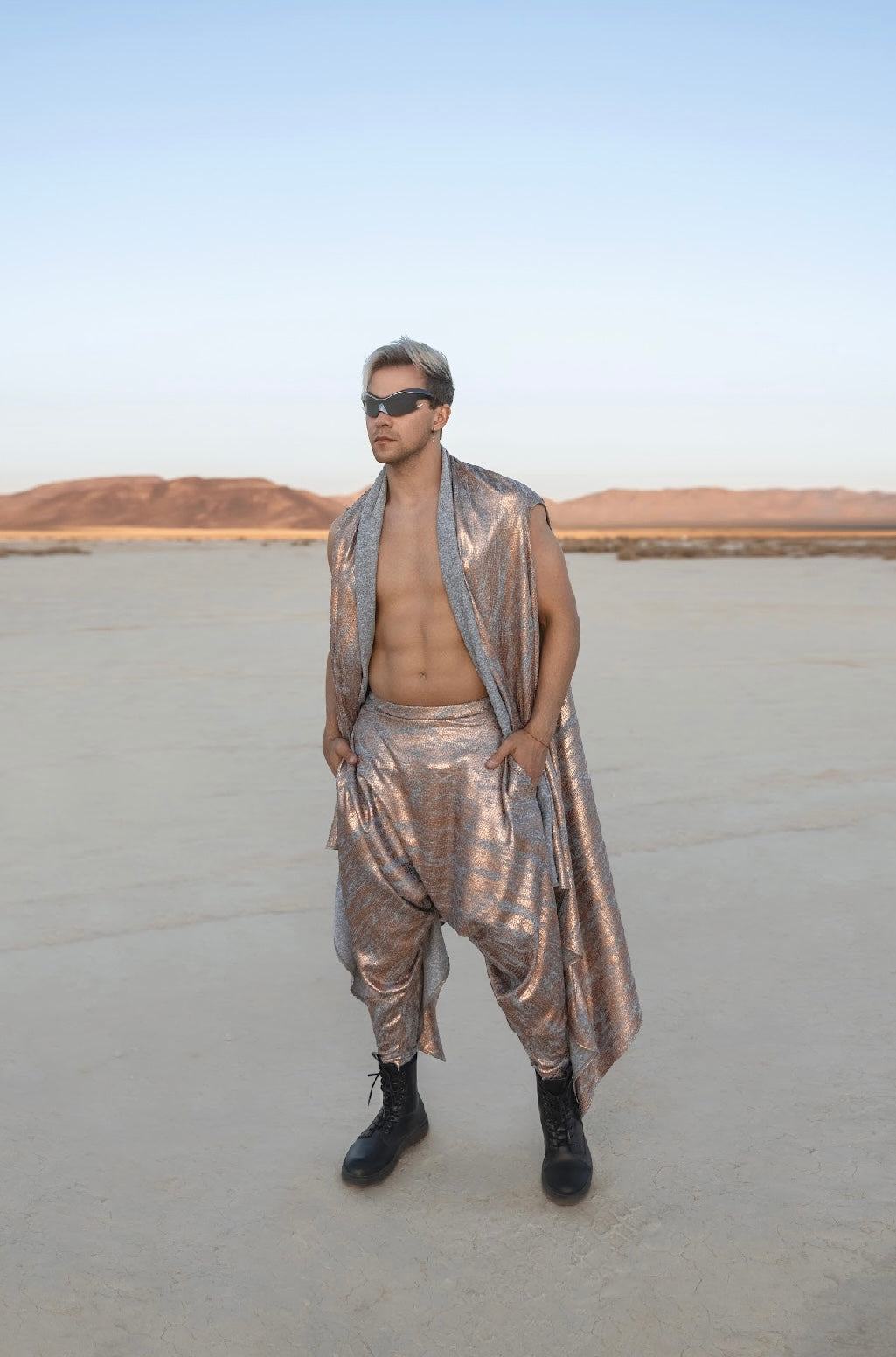 “Galactic Mirage Set” – Metallic Bronze Harem Pants & Draped Vest