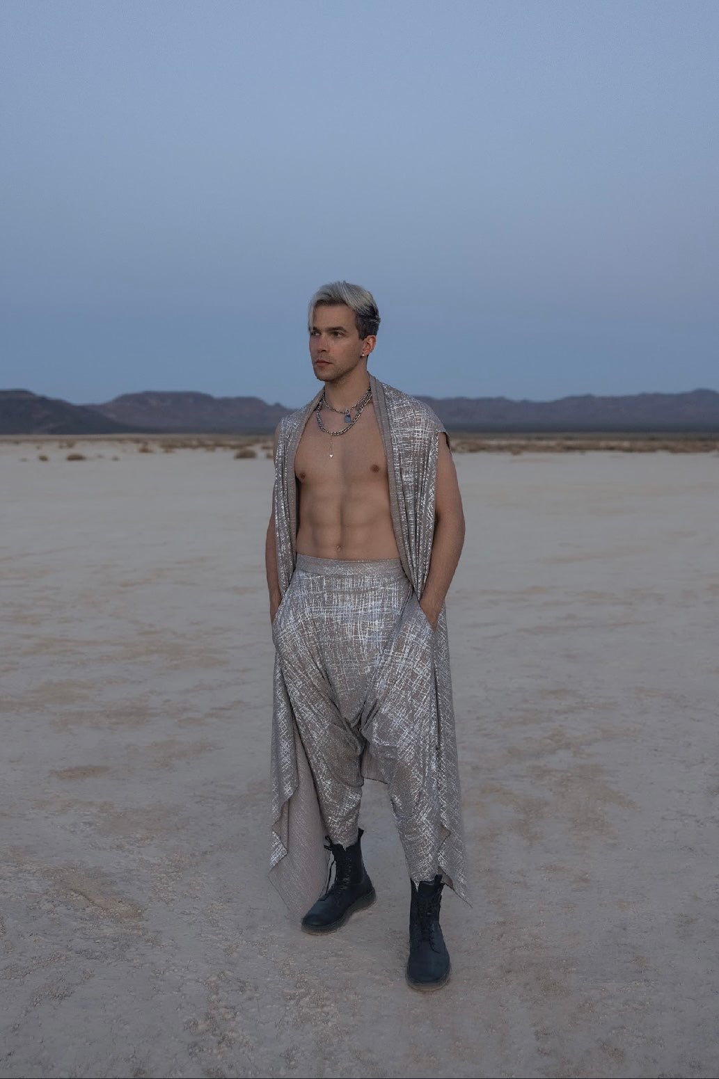 “Lunar Echo Set” – Textured Silver Robe & Harem Pants for Men