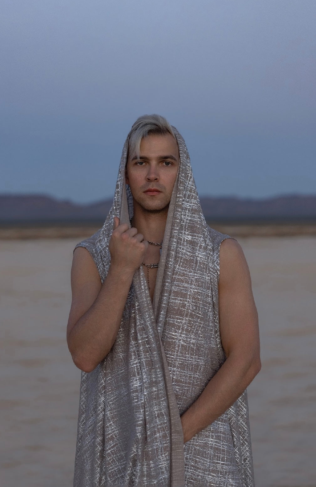 “Lunar Echo Set” – Textured Silver Robe & Harem Pants for Men