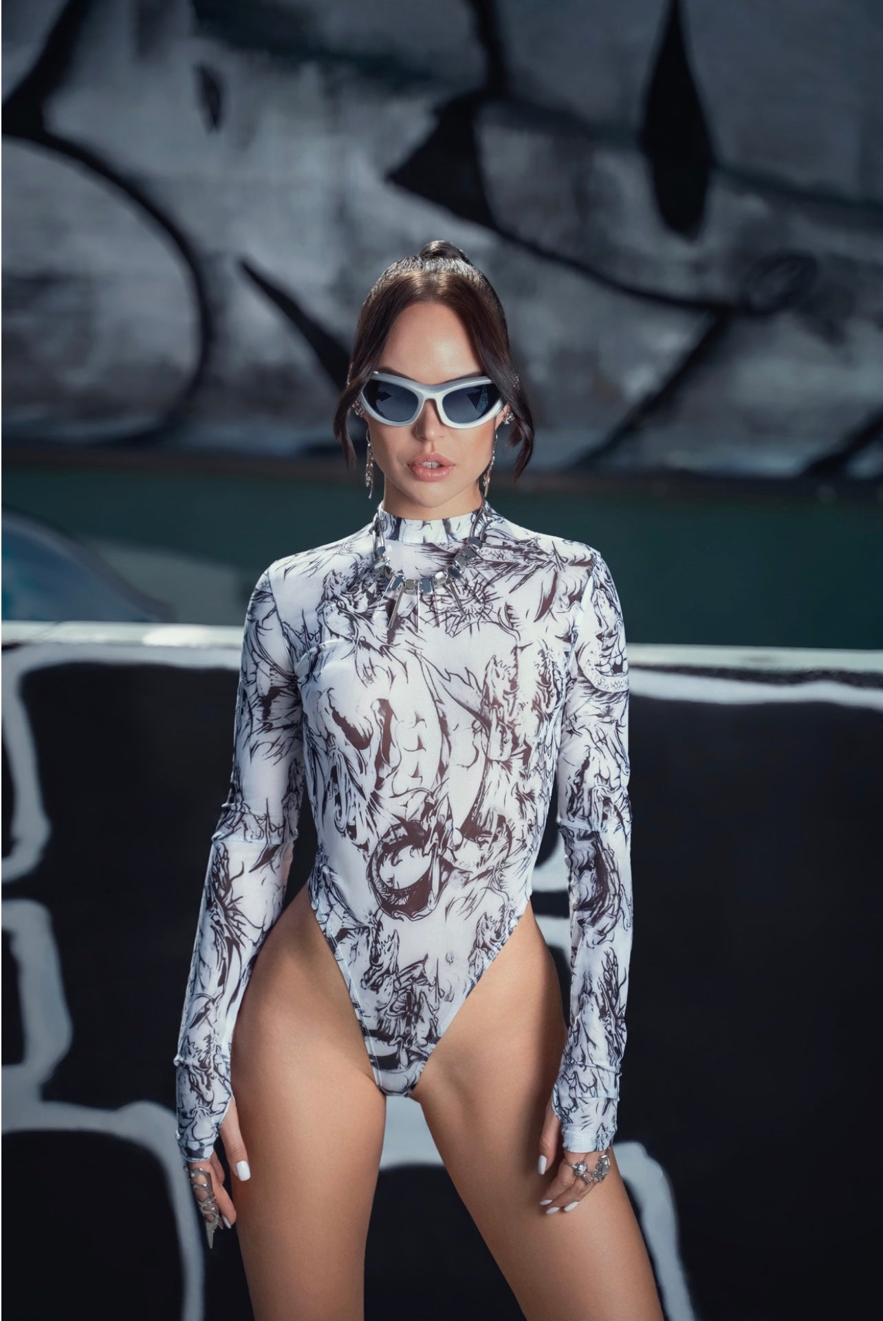 Dragon Print High-Cut Long Sleeve Bodysuit – Edgy Streetwear preorder