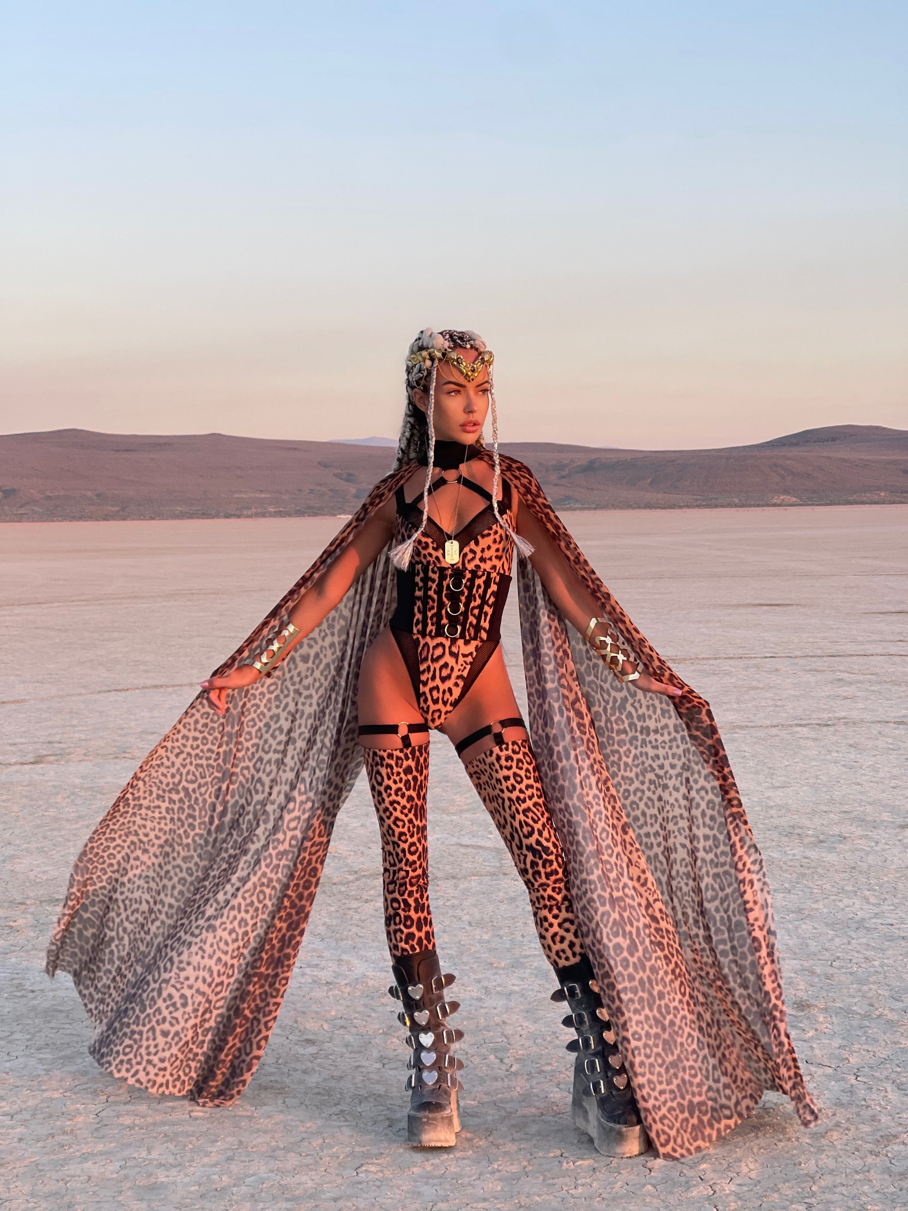Leopard Print Festival Bodysuit with Flowing Cape PREORDER