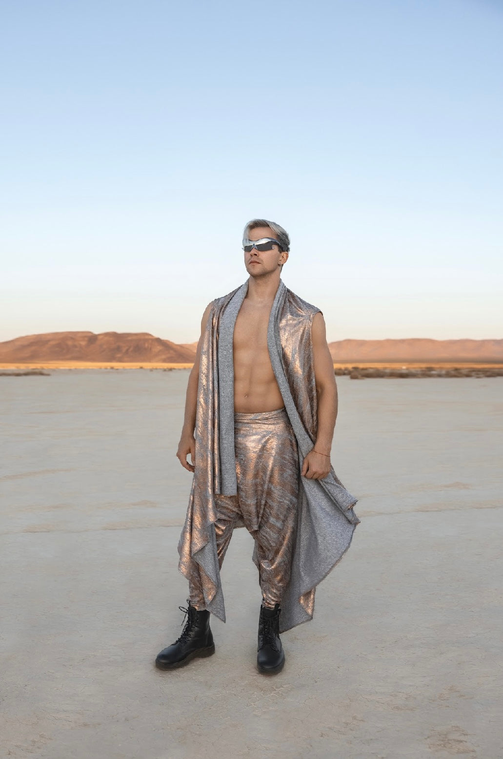 “Galactic Mirage Set” – Metallic Bronze Harem Pants & Draped Vest