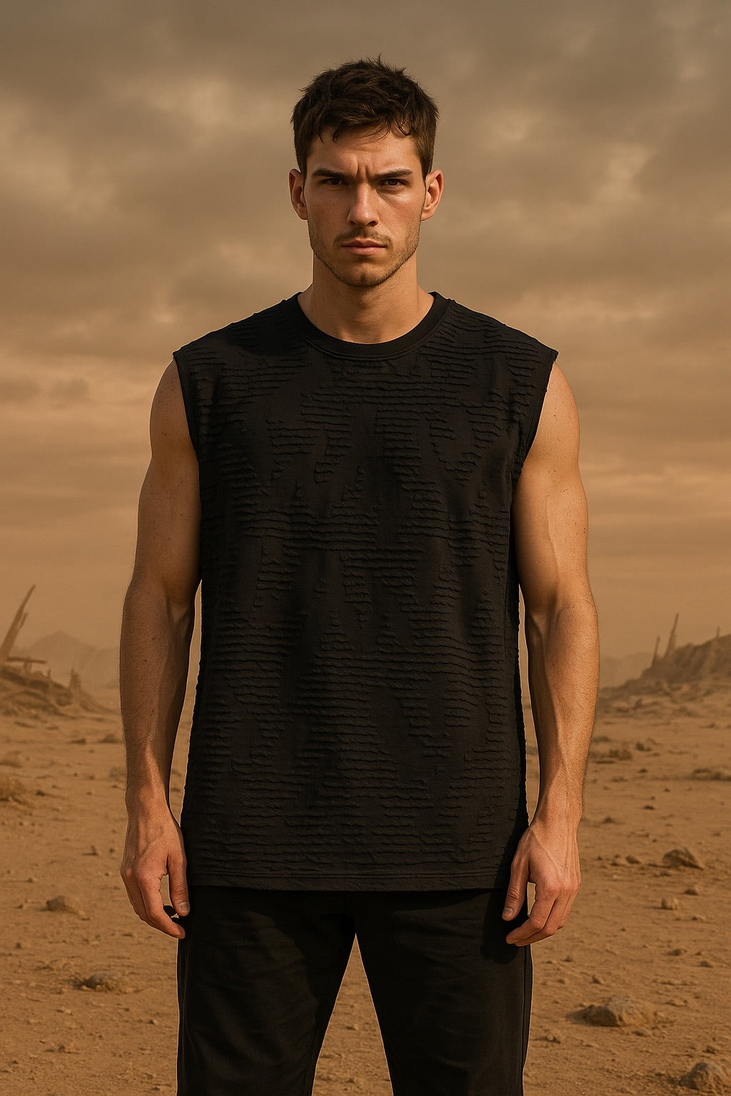 “Tectonic Echo Tank” – Men’s Embossed Sleeveless Black Shirt