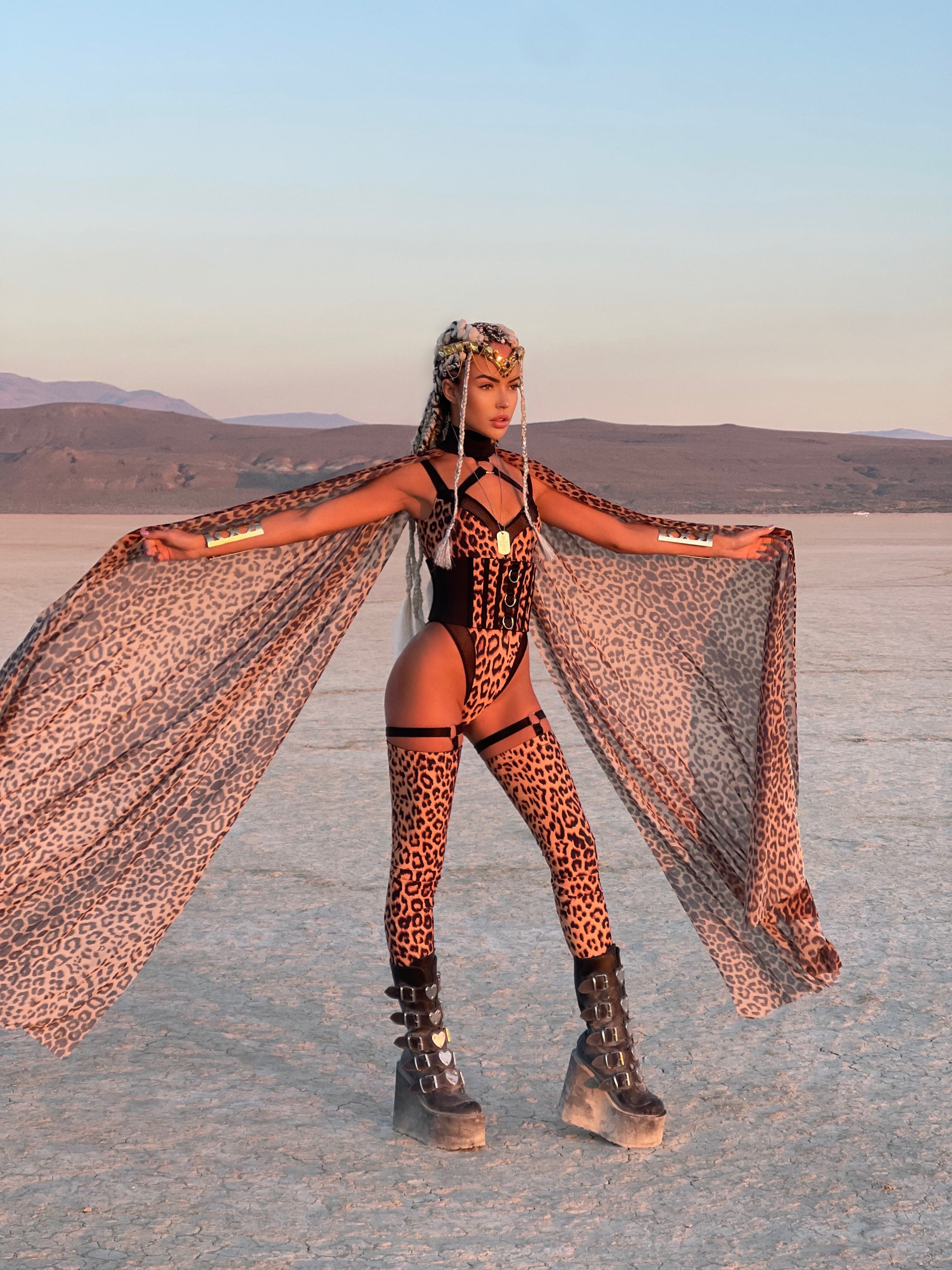 Leopard Print Festival Bodysuit with Flowing Cape PREORDER