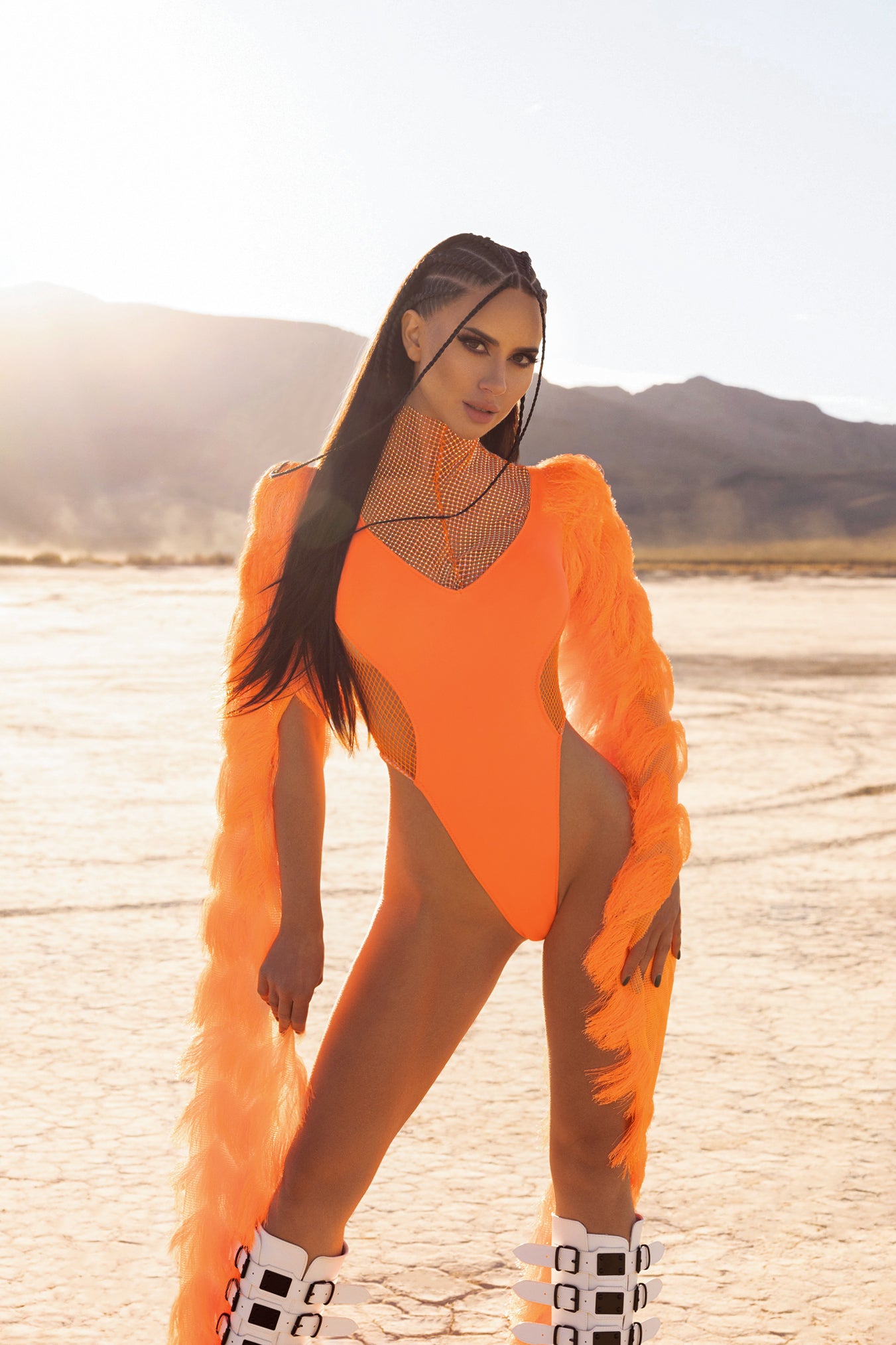 Neon orange rhinestone tassel bodysuit