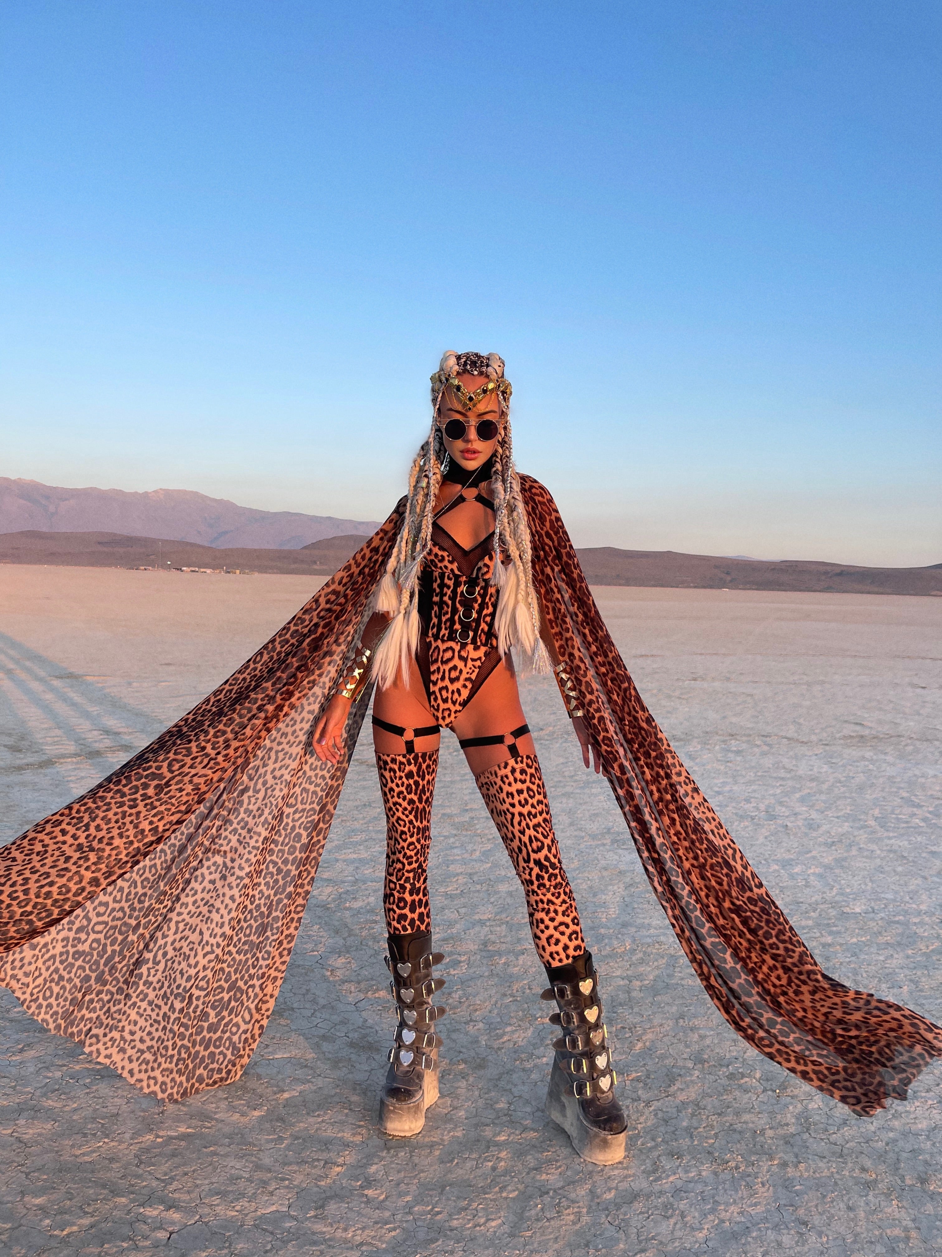 Leopard Print Festival Bodysuit with Flowing Cape PREORDER