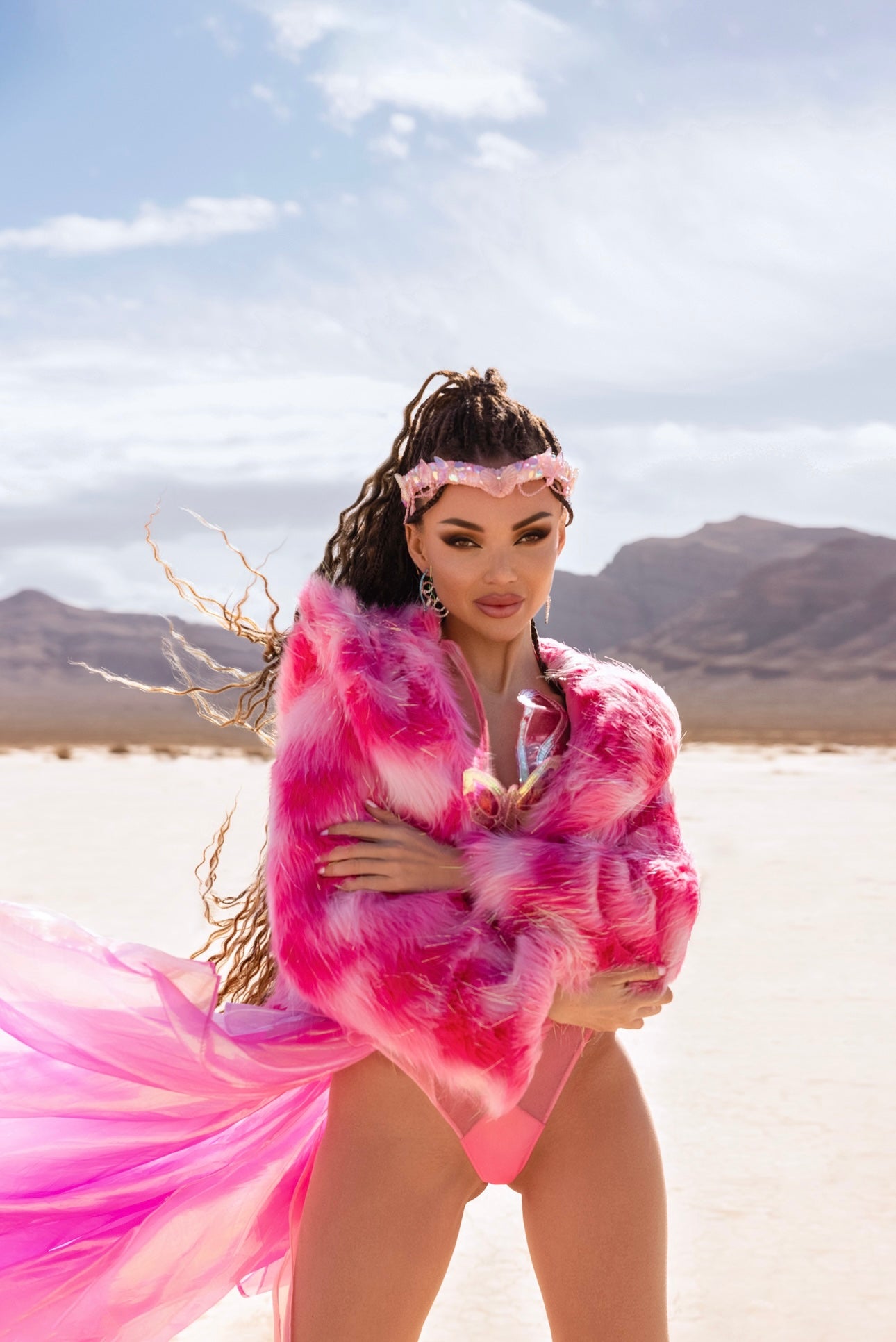 Hot Pink Faux Fur Festival Jacket with Hood – Statement Coat for Raves & Desert Fashion