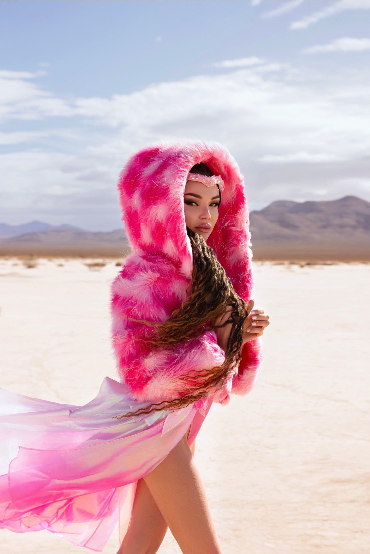 Hot Pink Faux Fur Festival Jacket with Hood – Statement Coat for Raves & Desert Fashion