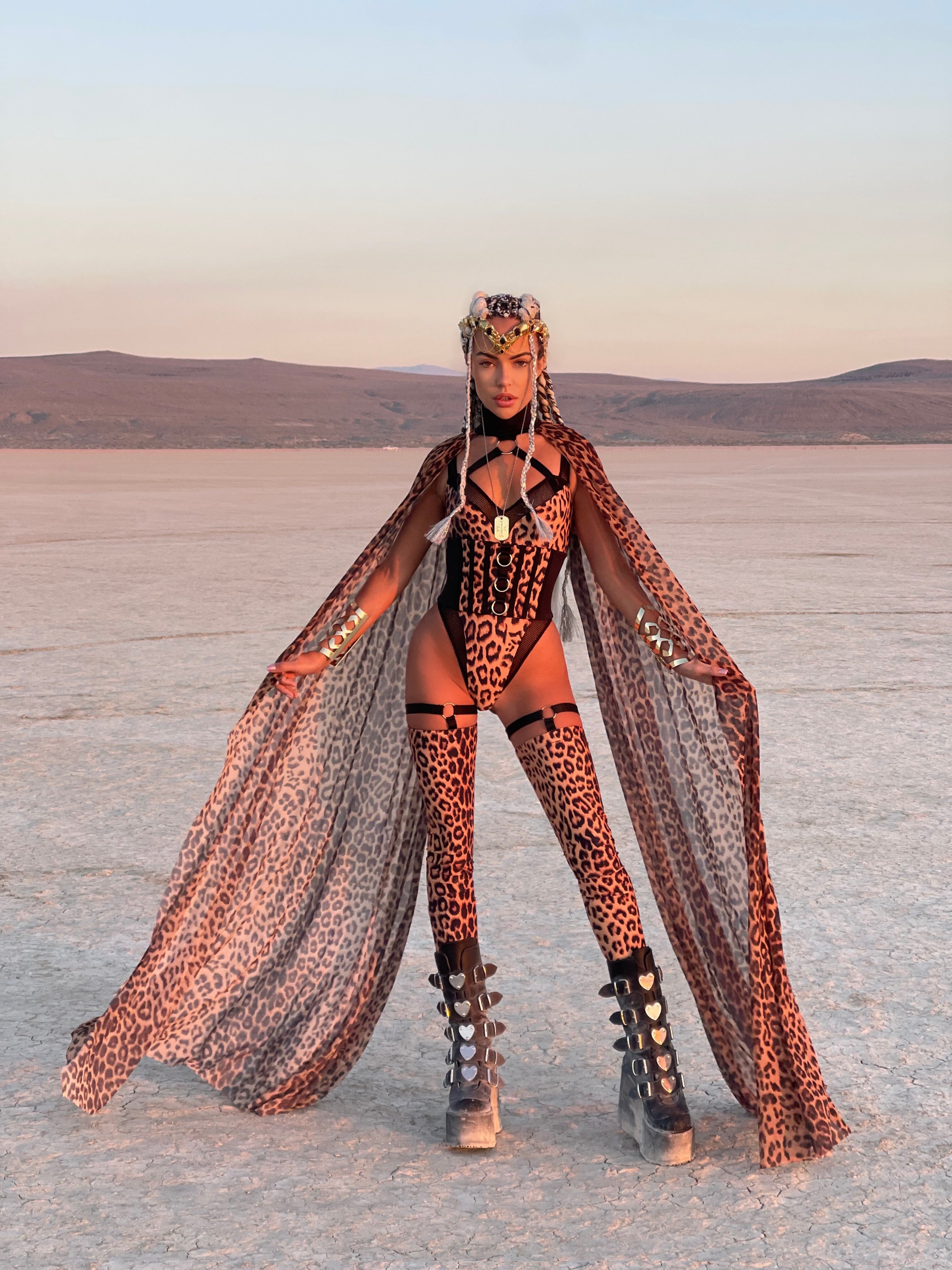 Leopard Print Festival Bodysuit with Flowing Cape  PREORDER
