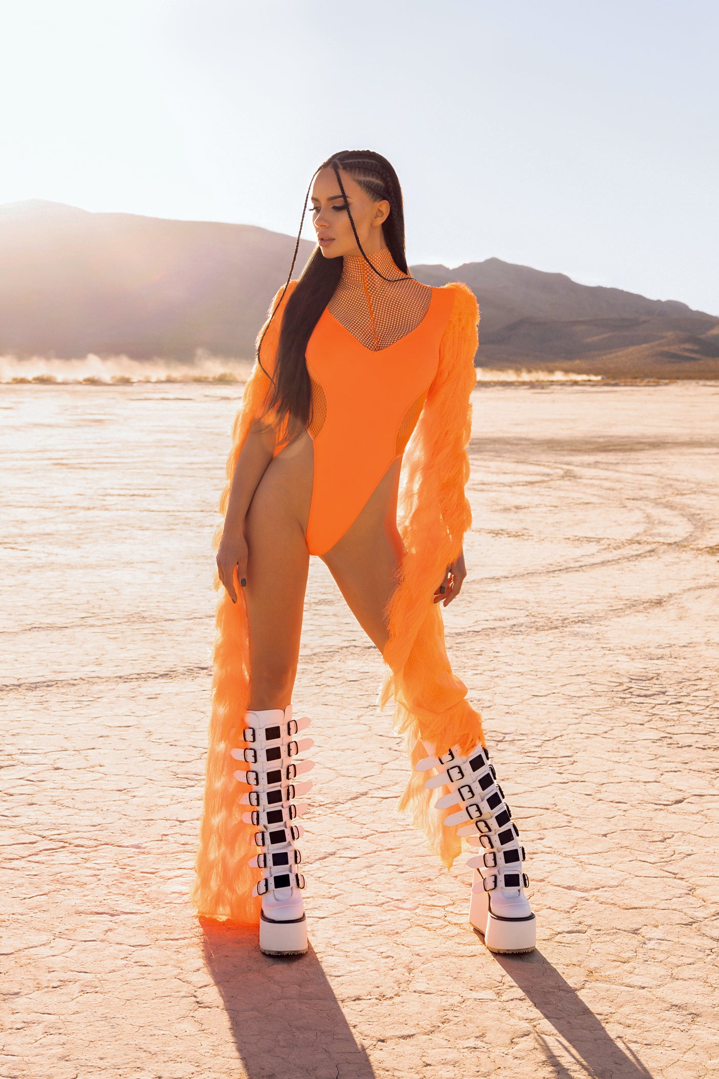Neon orange rhinestone tassel bodysuit