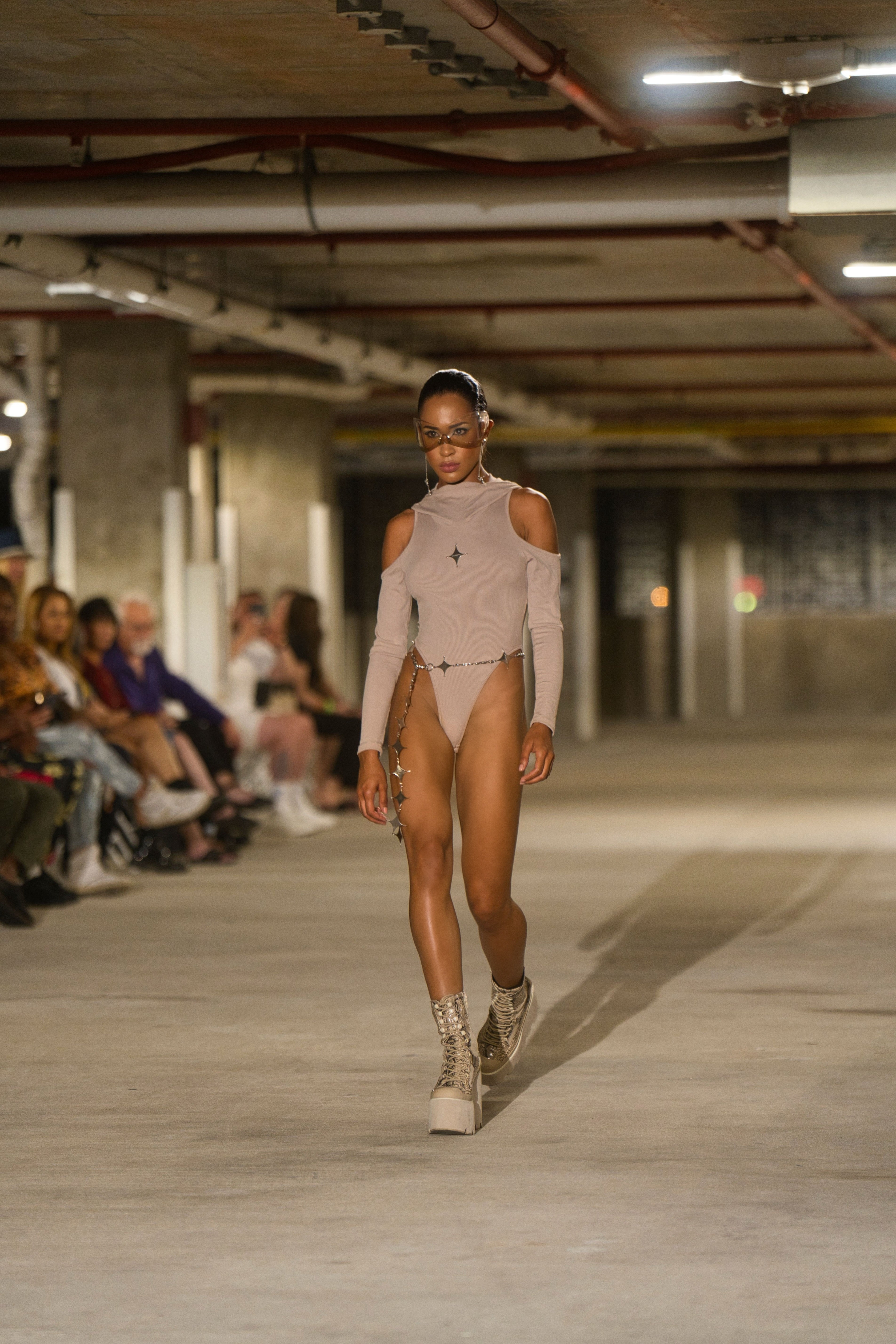 Stellar Eclipse Hooded Bodysuit – Futuristic Nude Cutout Design with Optional Star Chain Accessory