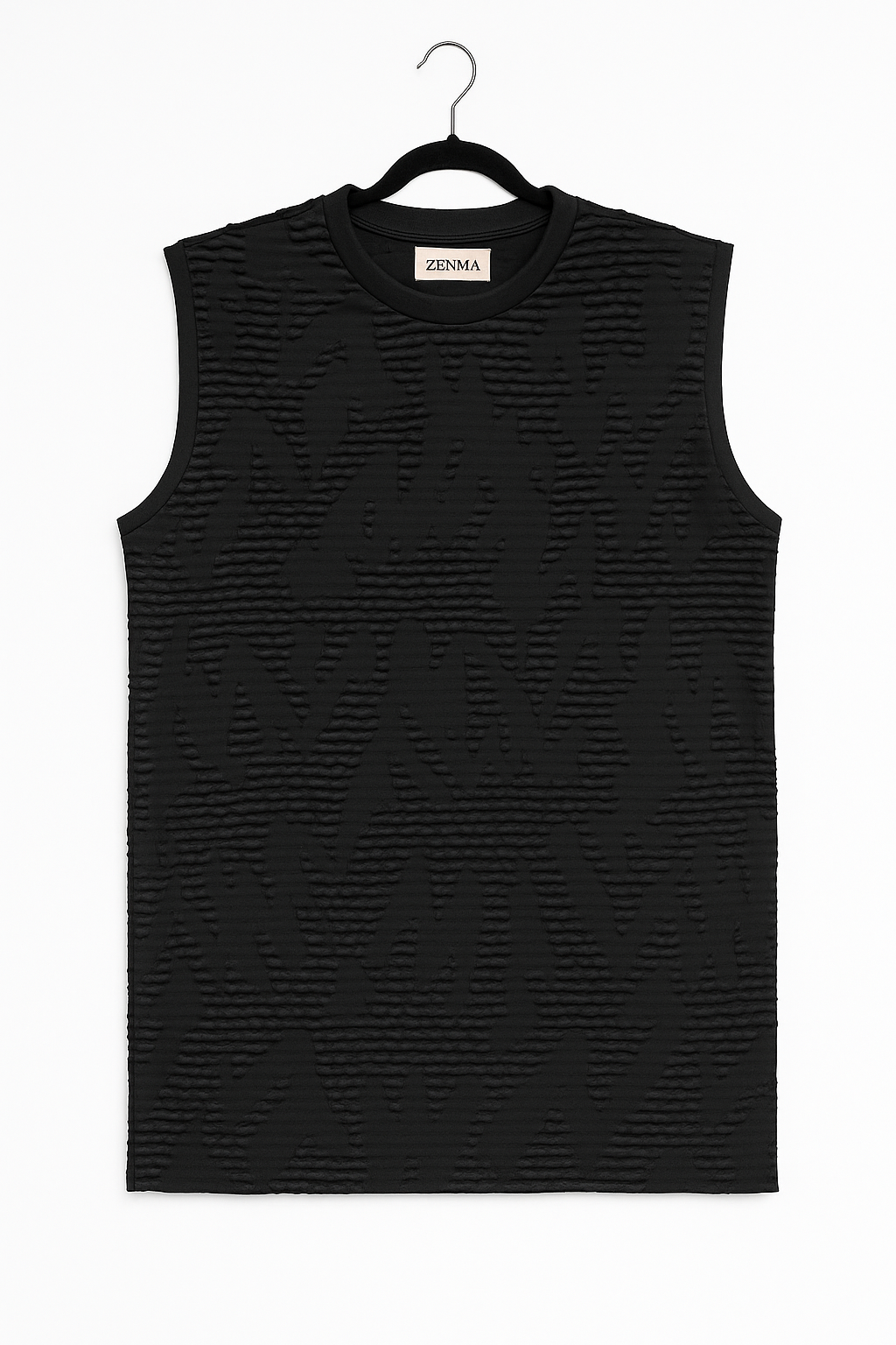 “Tectonic Echo Tank” – Men’s Embossed Sleeveless Black Shirt