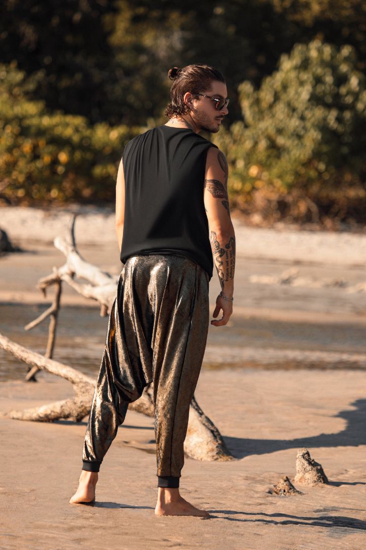 Men’s Gold Black Velvet Harem Pants