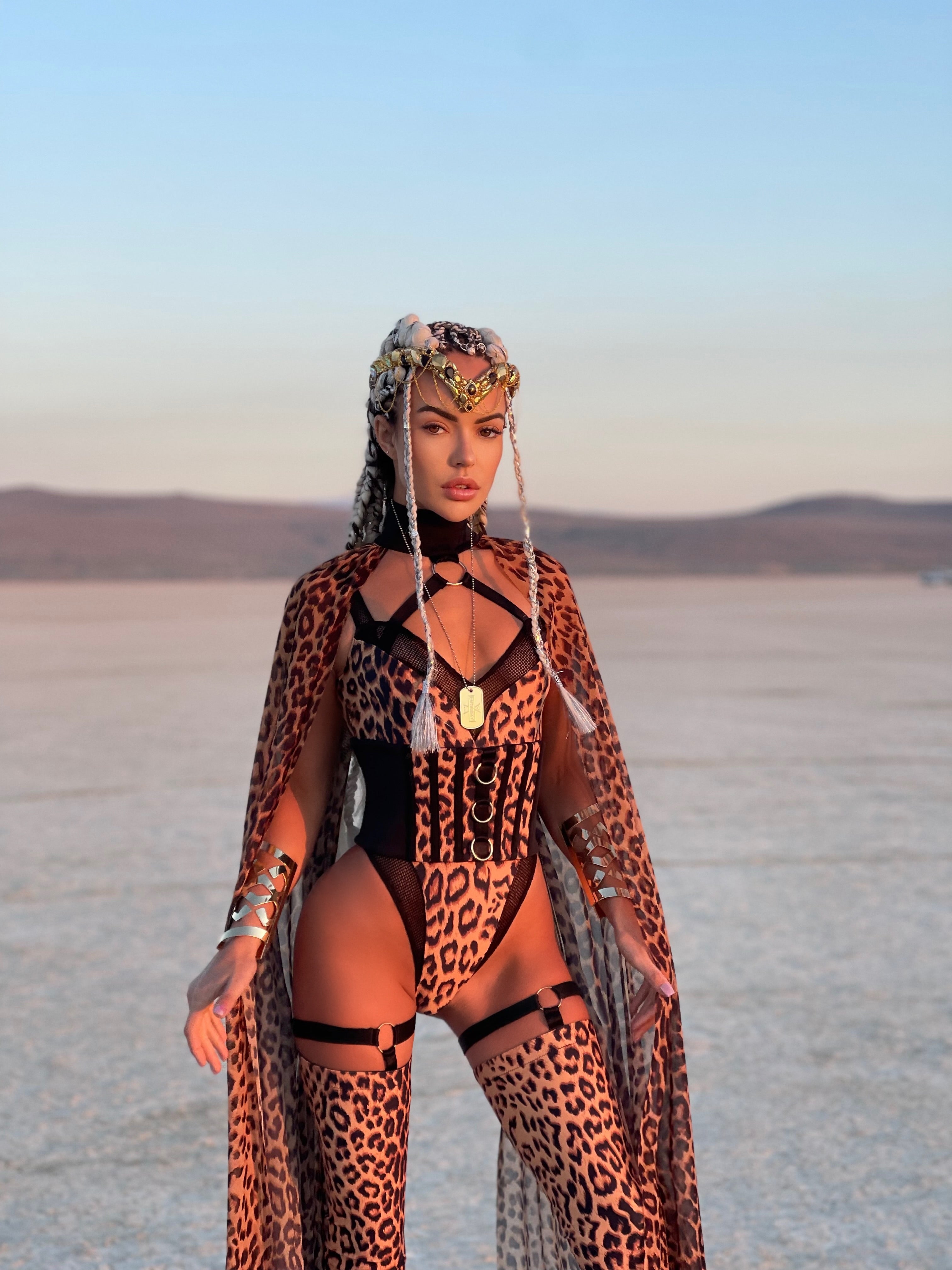 Leopard Print Festival Bodysuit with Flowing Cape  PREORDER
