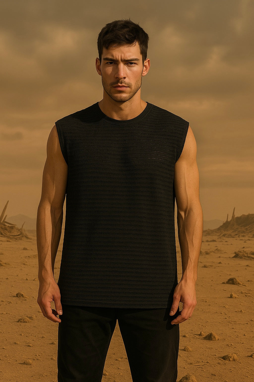 “Shadow Dune Textured Tank” – Men’s Sleeveless Black Shirt