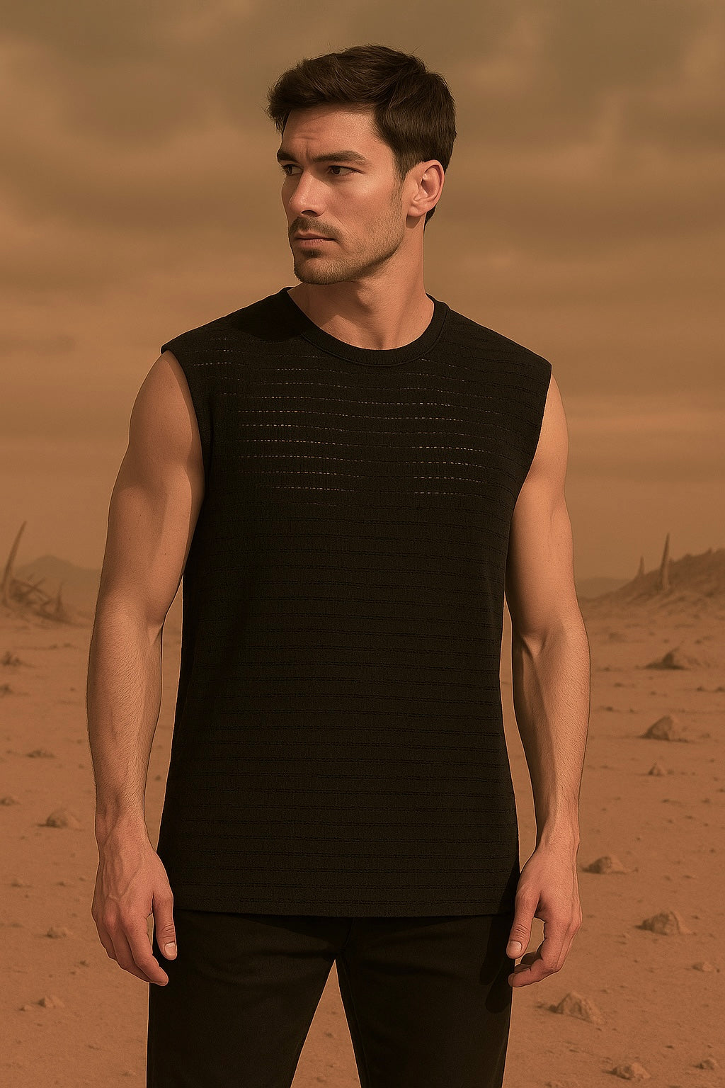“Shadow Dune Textured Tank” – Men’s Sleeveless Black Shirt