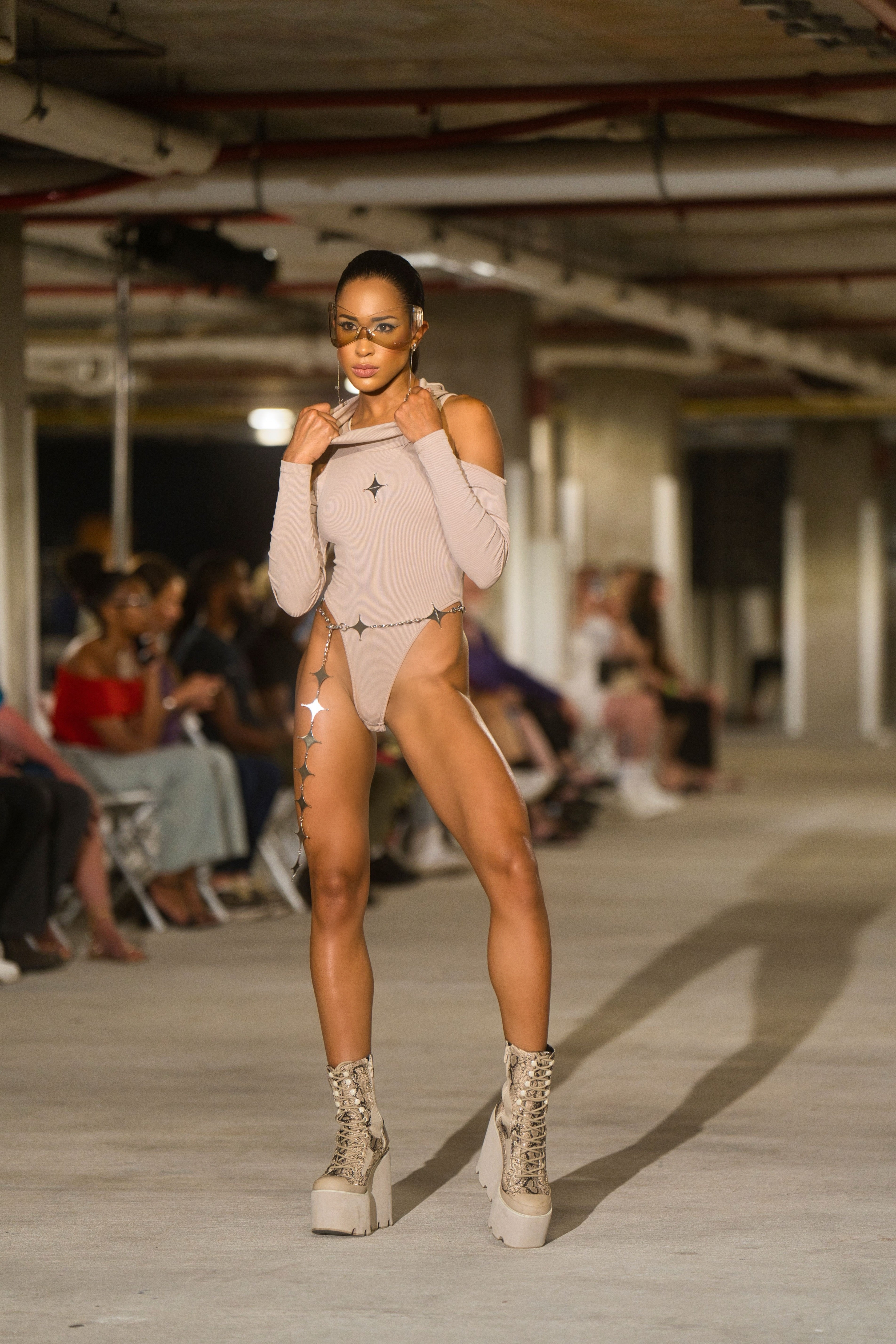 Stellar Eclipse Hooded Bodysuit – Futuristic Nude Cutout Design with Optional Star Chain Accessory