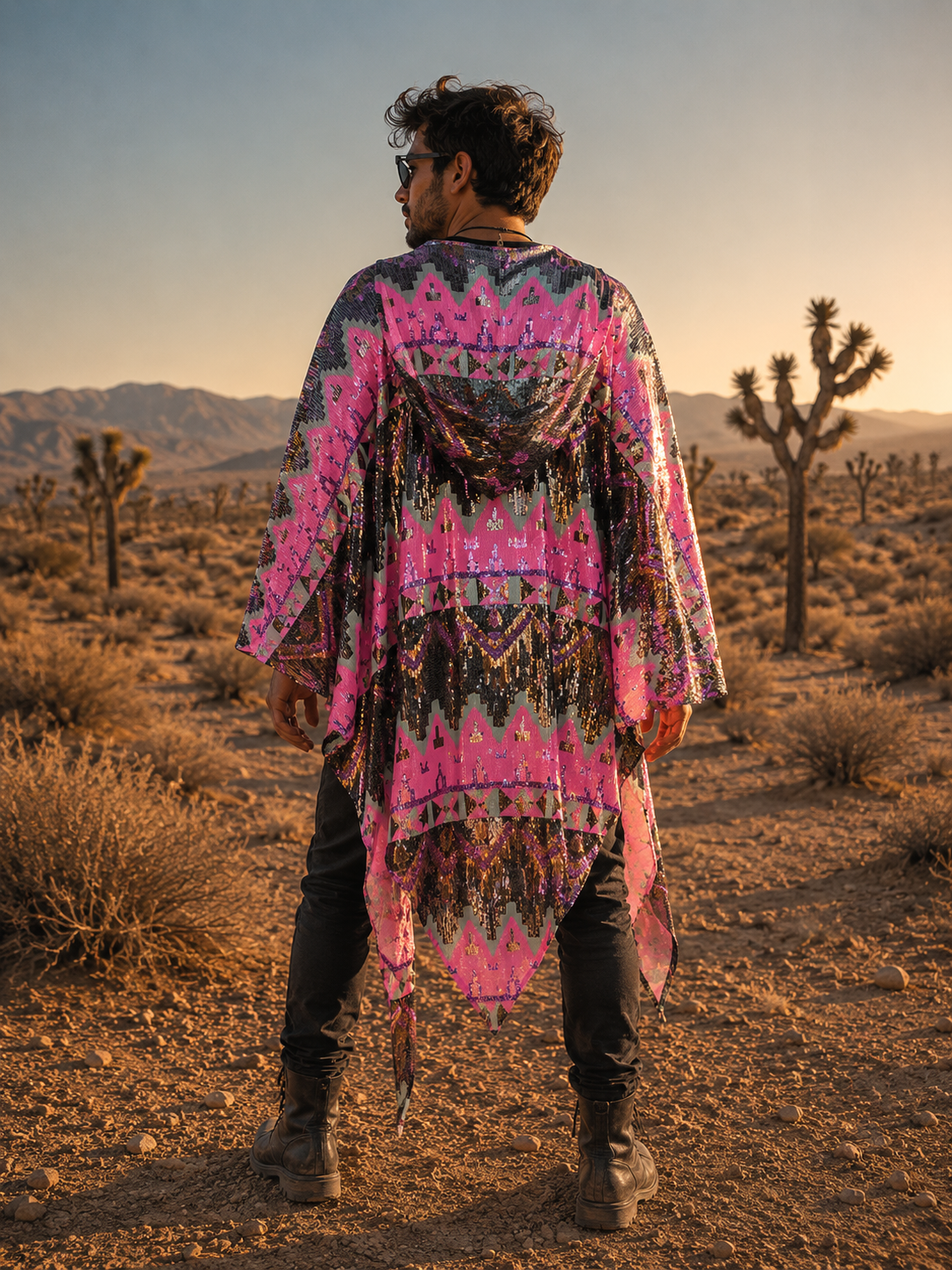 Men’s Festival Hooded Kimono Robe – Boho Desert Burn Cardigan | Burning Man Cloak | 3 Colors