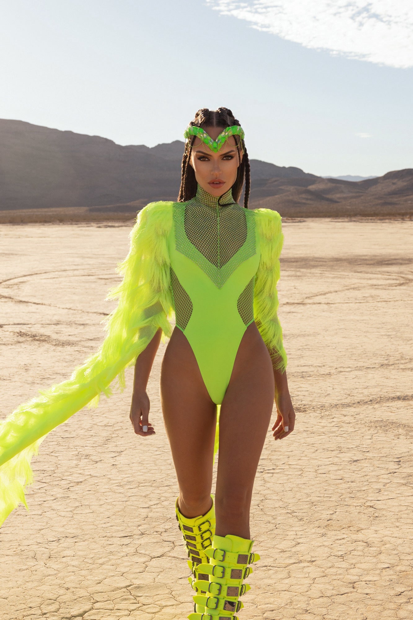 Neon green rhinestone tassel bodysuit
