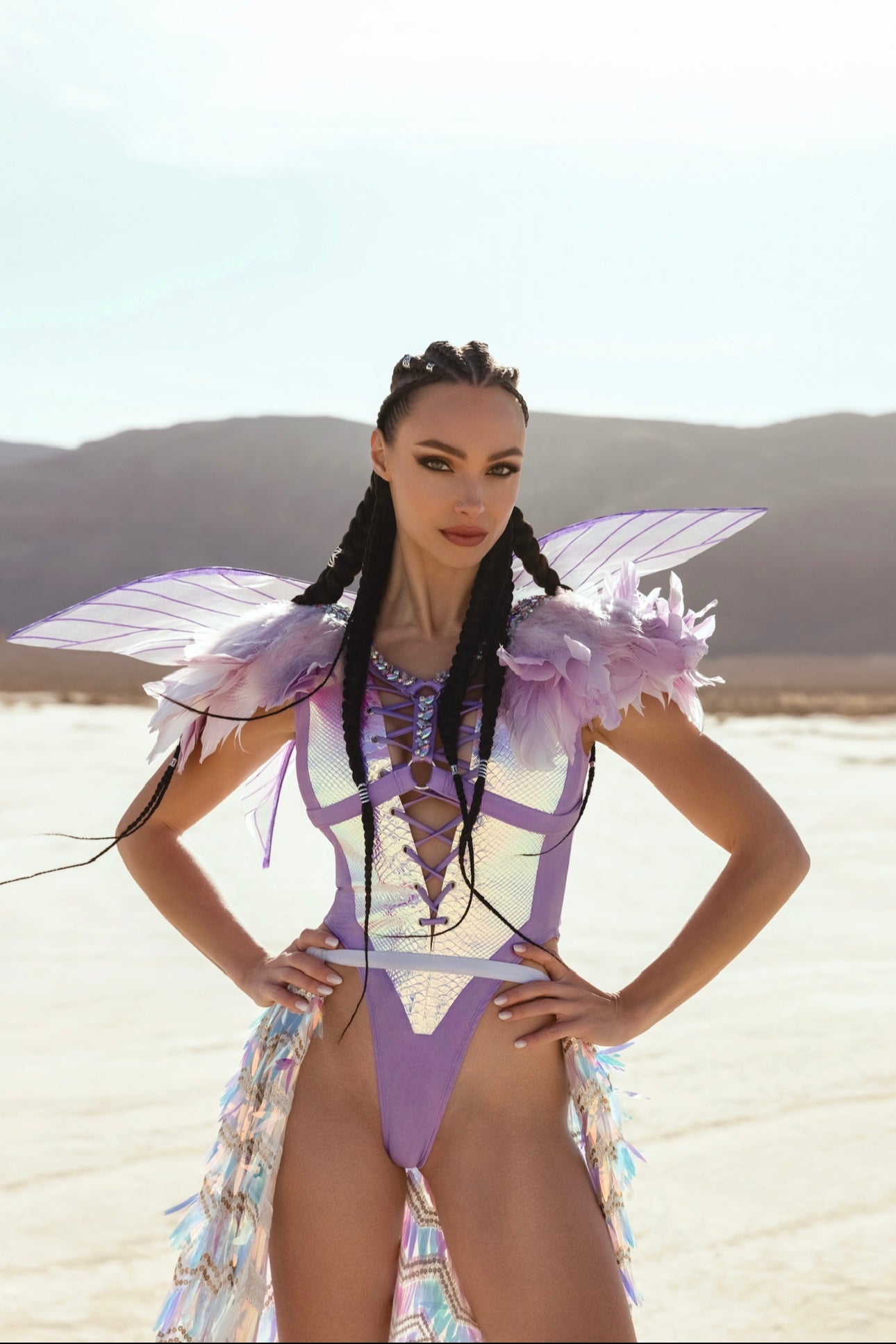 Iridescent Fairy Warrior Costume Set – Wings, Bodysuit, Harness, Skirt & Feathers
