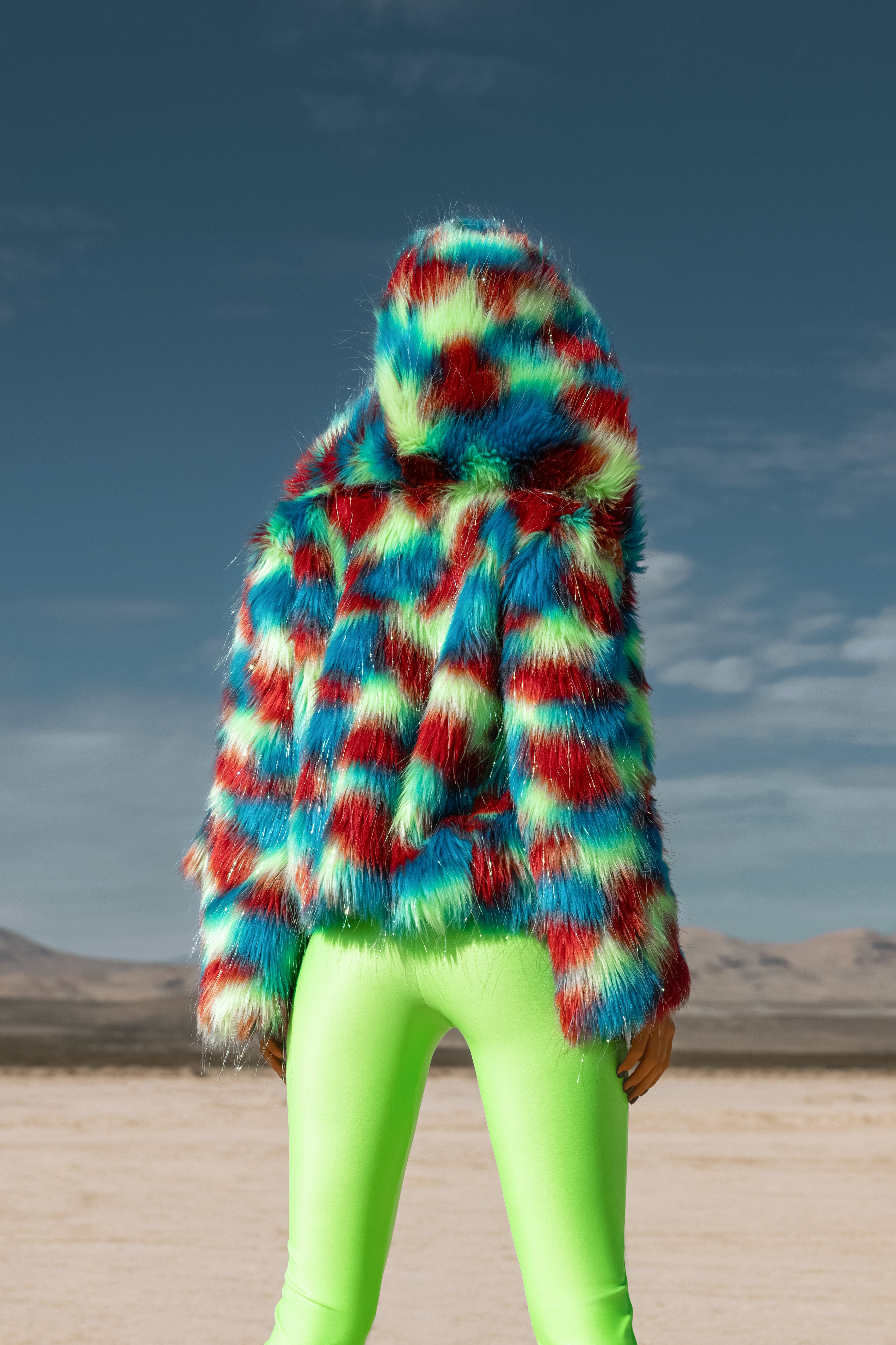 Colorful Rainbow Faux Fur Festival Jacket with Hood – Multicolored Statement Coat