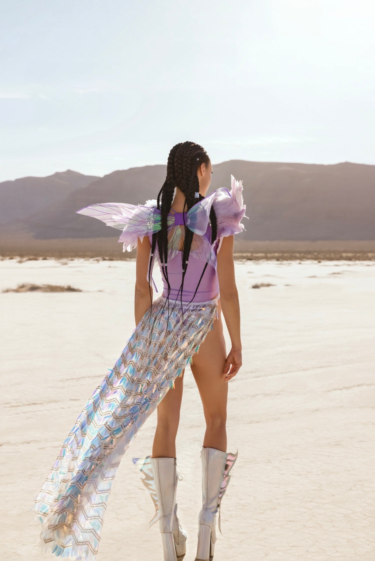 Celestial Mirage Fairy 
 Costume Set – Wings, Bodysuit, Harness, Skirt & Feathers