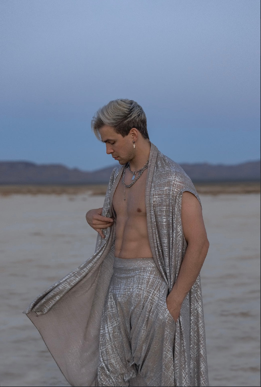 “Lunar Echo Set” – Textured Silver Robe & Harem Pants for Men