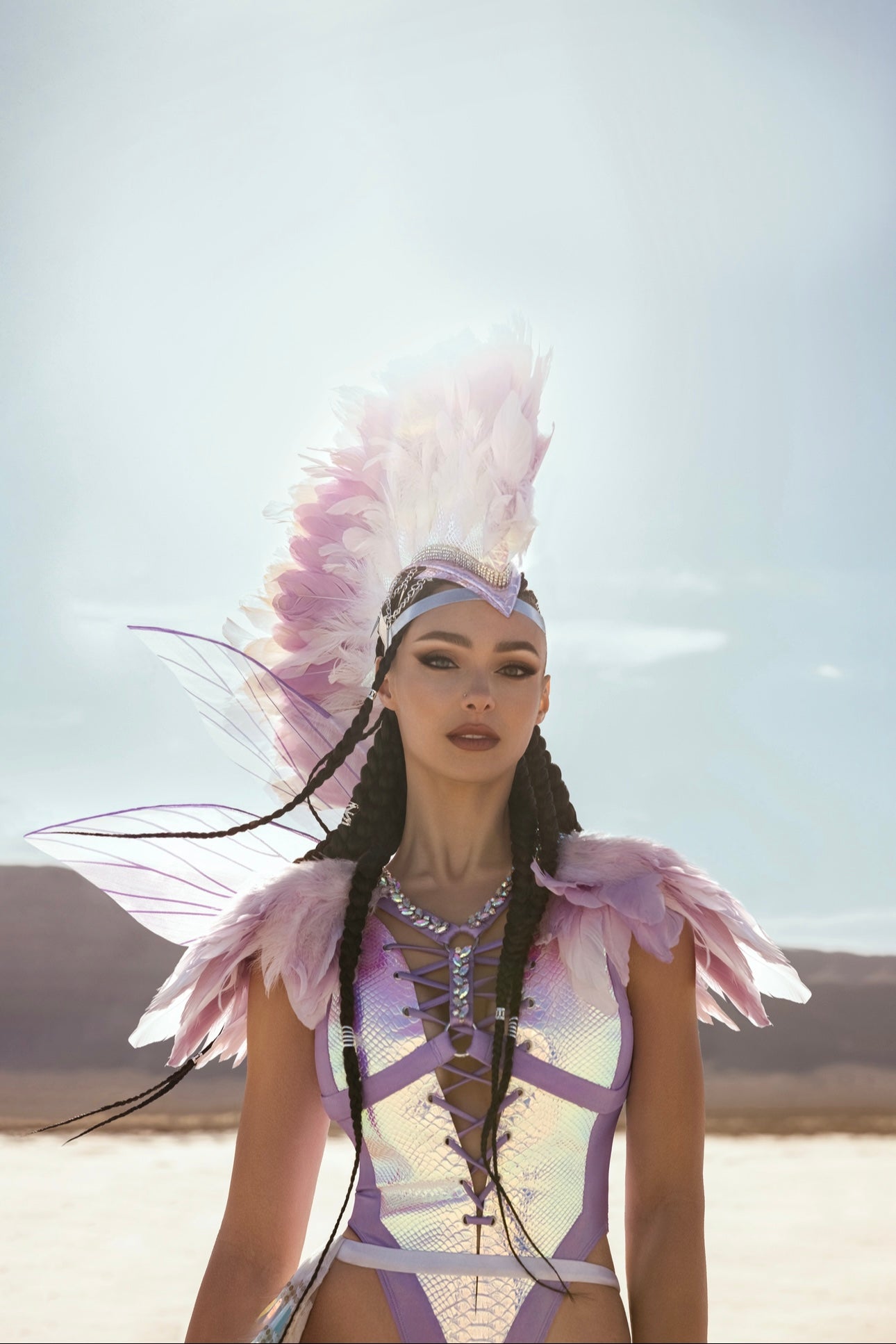 Iridescent Fairy Warrior Costume Set – Wings, Bodysuit, Harness, Skirt & Feathers