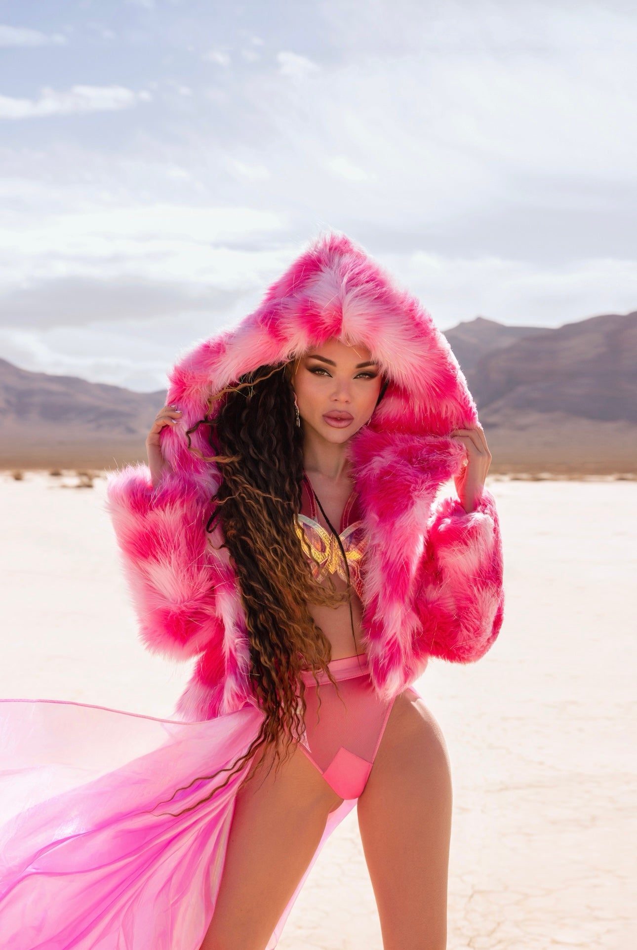 Hot Pink Faux Fur Festival Jacket with Hood – Statement Coat for Raves & Desert Fashion