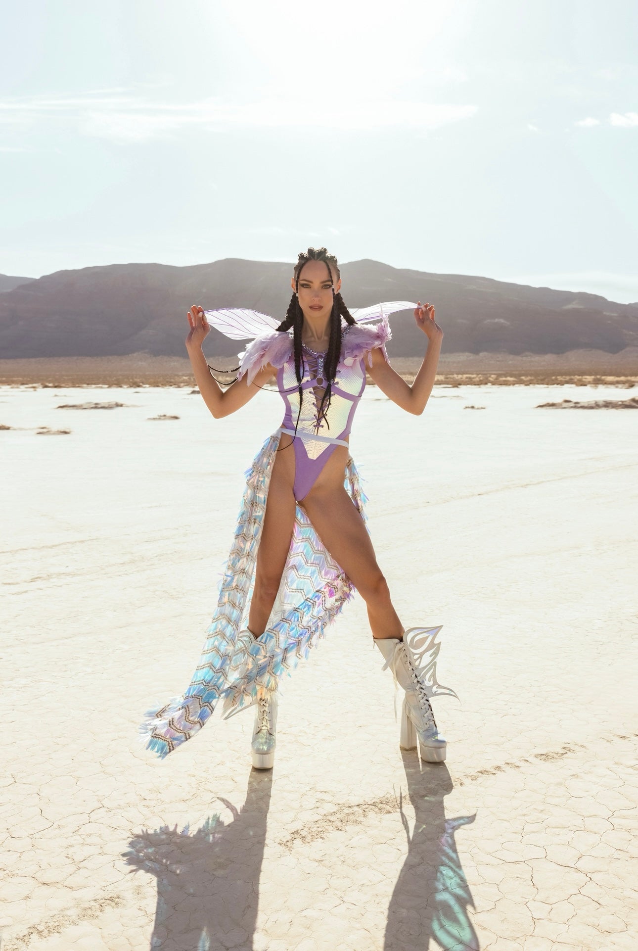 Iridescent Fairy Warrior Costume Set – Wings, Bodysuit, Harness, Skirt & Feathers