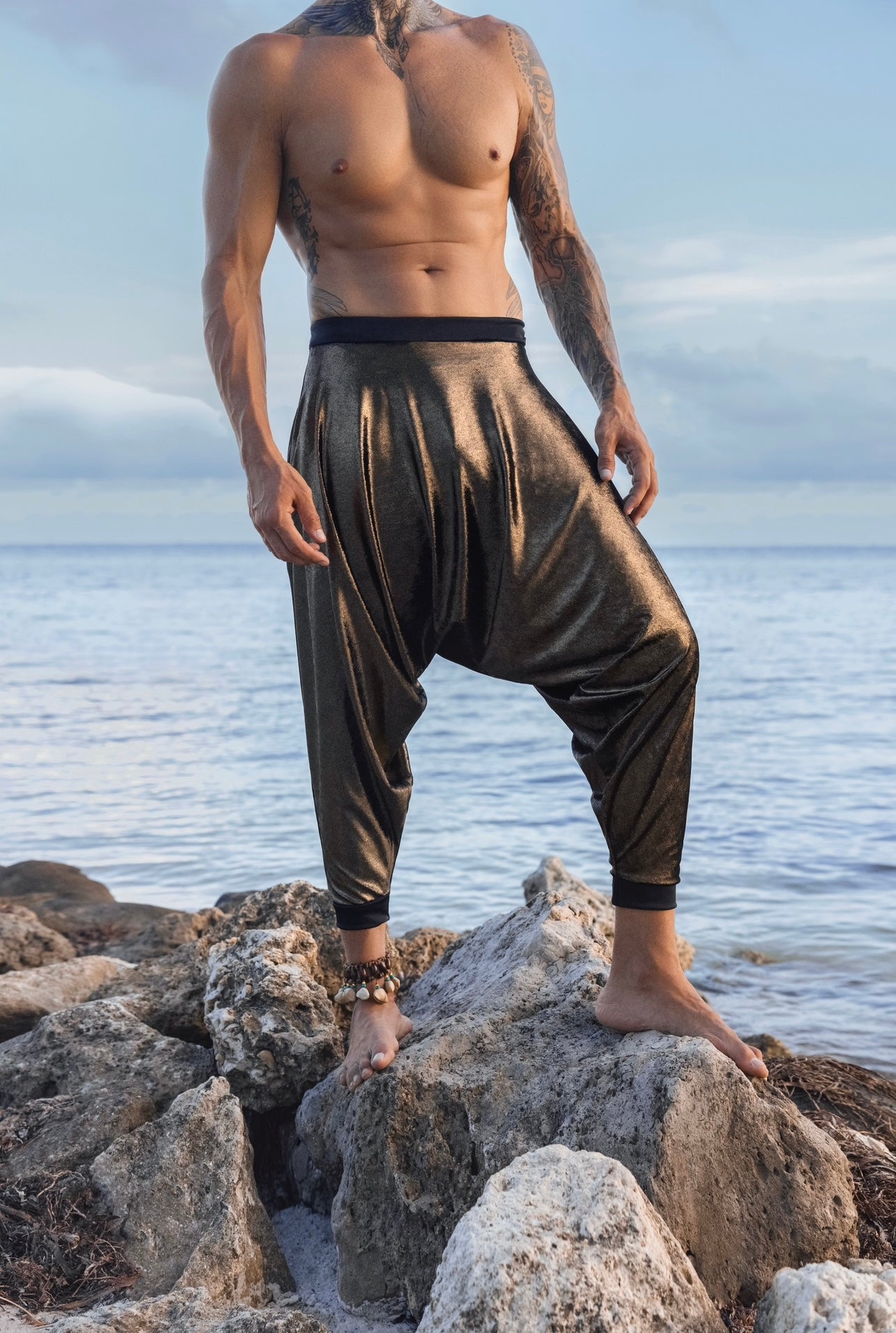 Men’s Gold Black Velvet Harem Pants