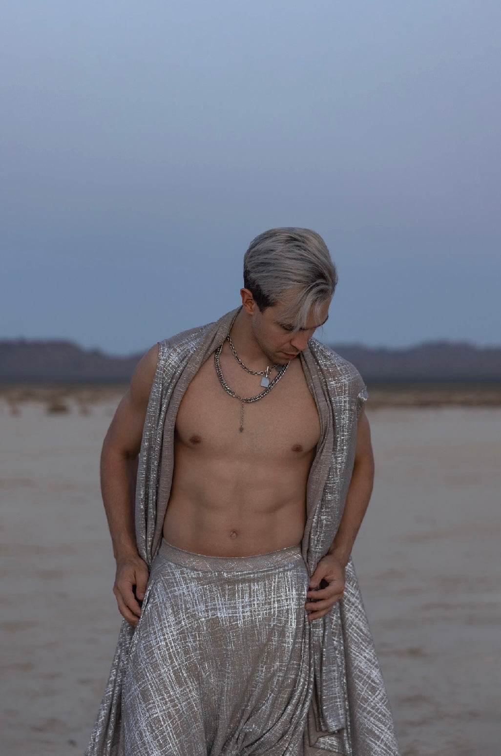 “Lunar Echo Set” – Textured Silver Robe & Harem Pants for Men
