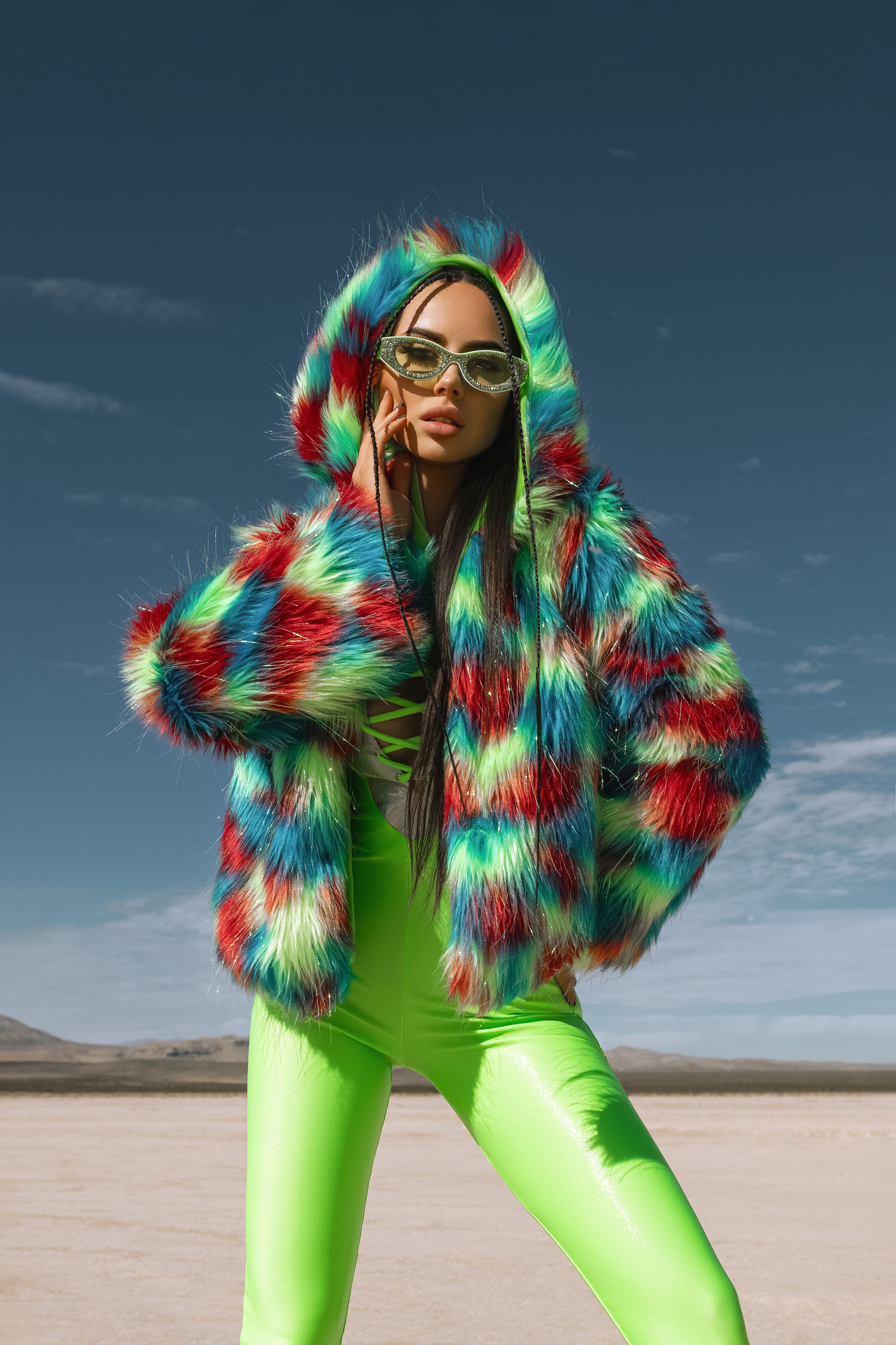 Colorful Rainbow Faux Fur Festival Jacket with Hood – Multicolored Statement Coat