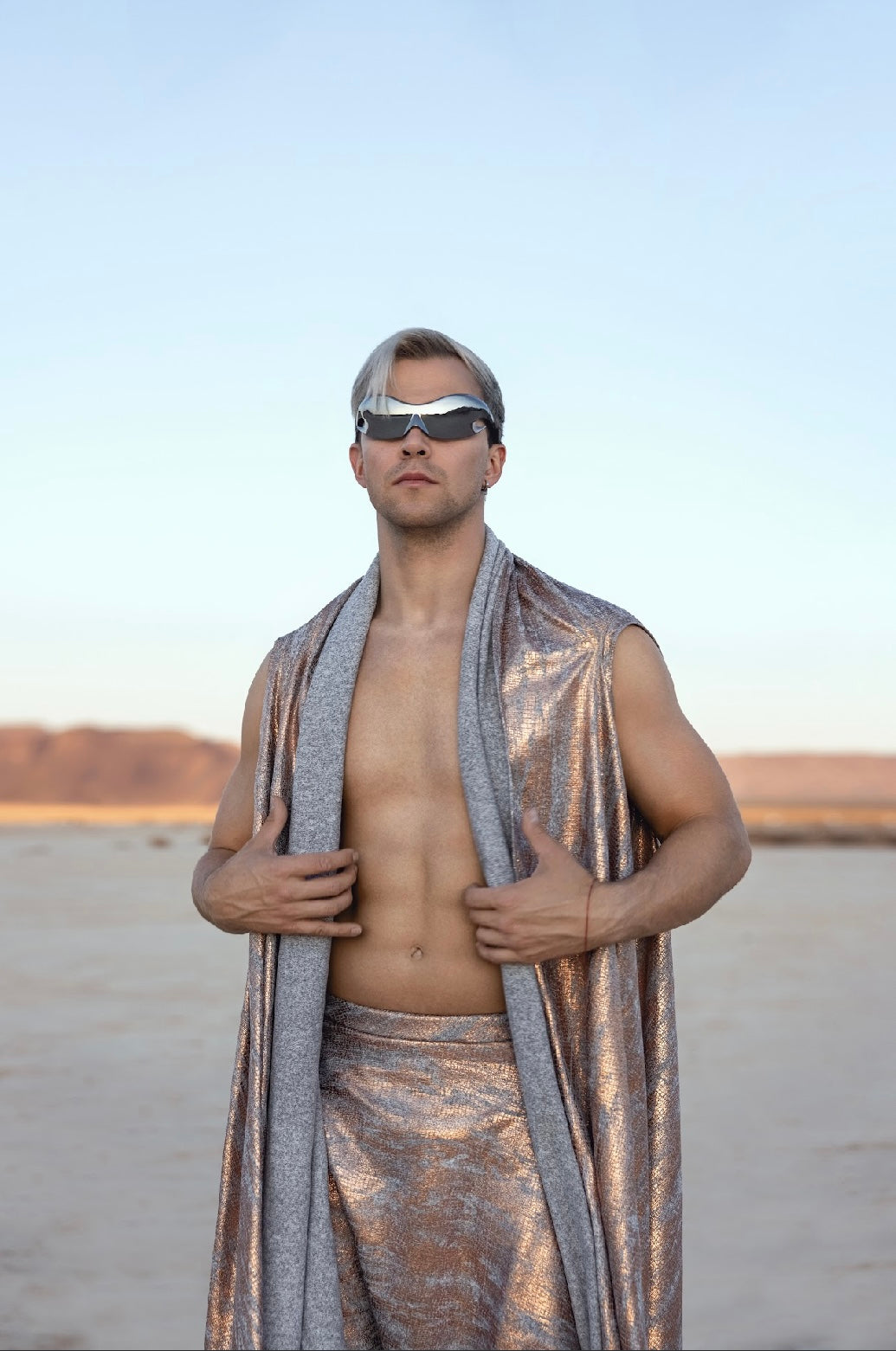 “Galactic Mirage Set” – Metallic Bronze Harem Pants & Draped Vest
