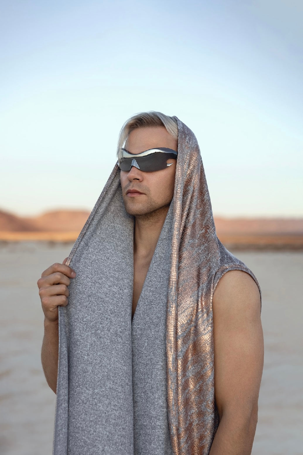 “Galactic Mirage Set” – Metallic Bronze Harem Pants & Draped Vest