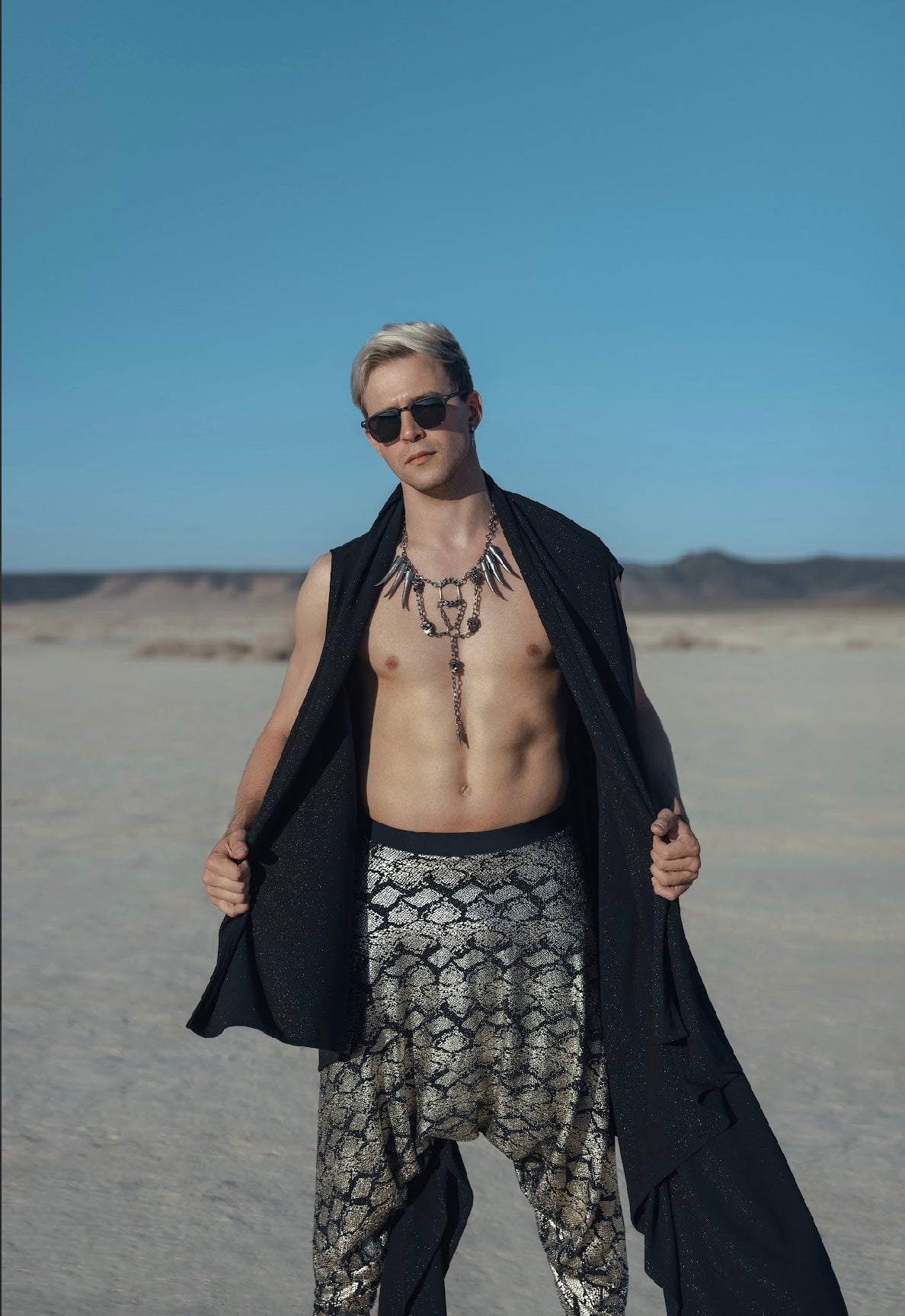 “Shadow Serpent Cape Set” – Hooded Drape & Snakeskin Pants for Men