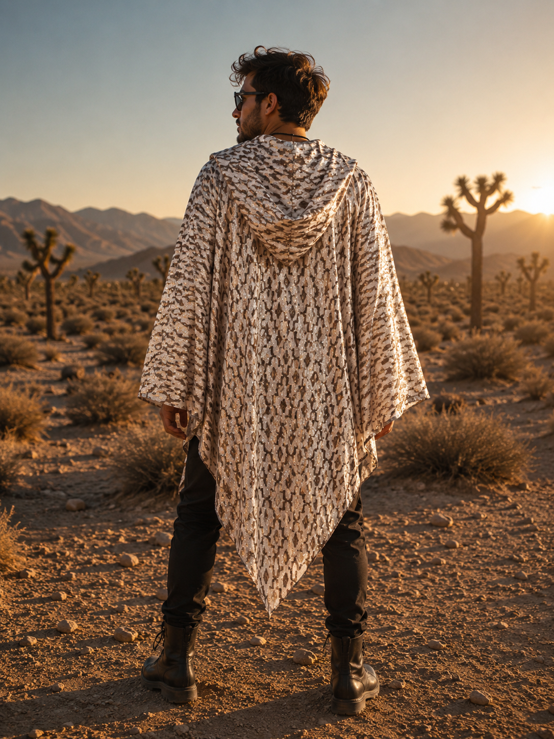 Desert Mirage Hooded Kimono for Men – White & Gold Festival Robe