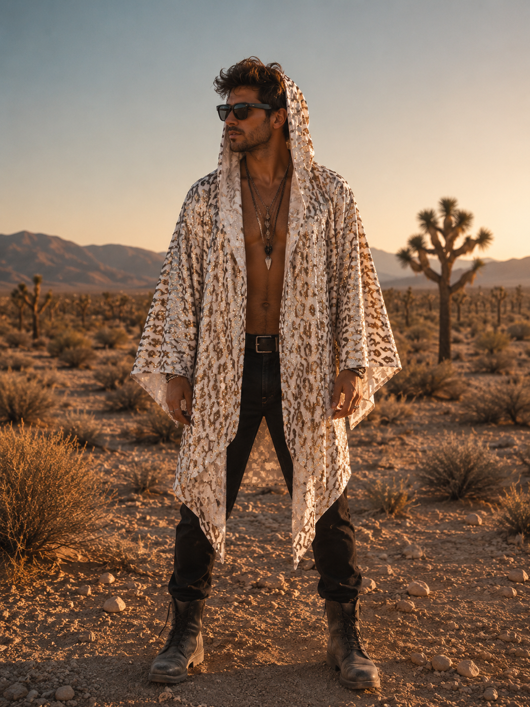 Desert Mirage Hooded Kimono for Men – White & Gold Festival Robe